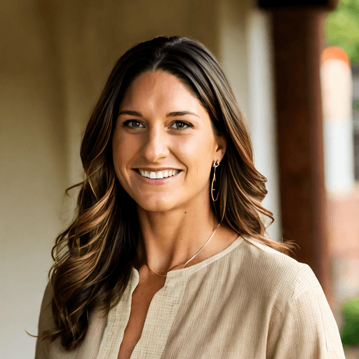 Smiling woman with long, wavy brown hair, wearing a beige blouse and gold earrings, standing in a softly lit setting.