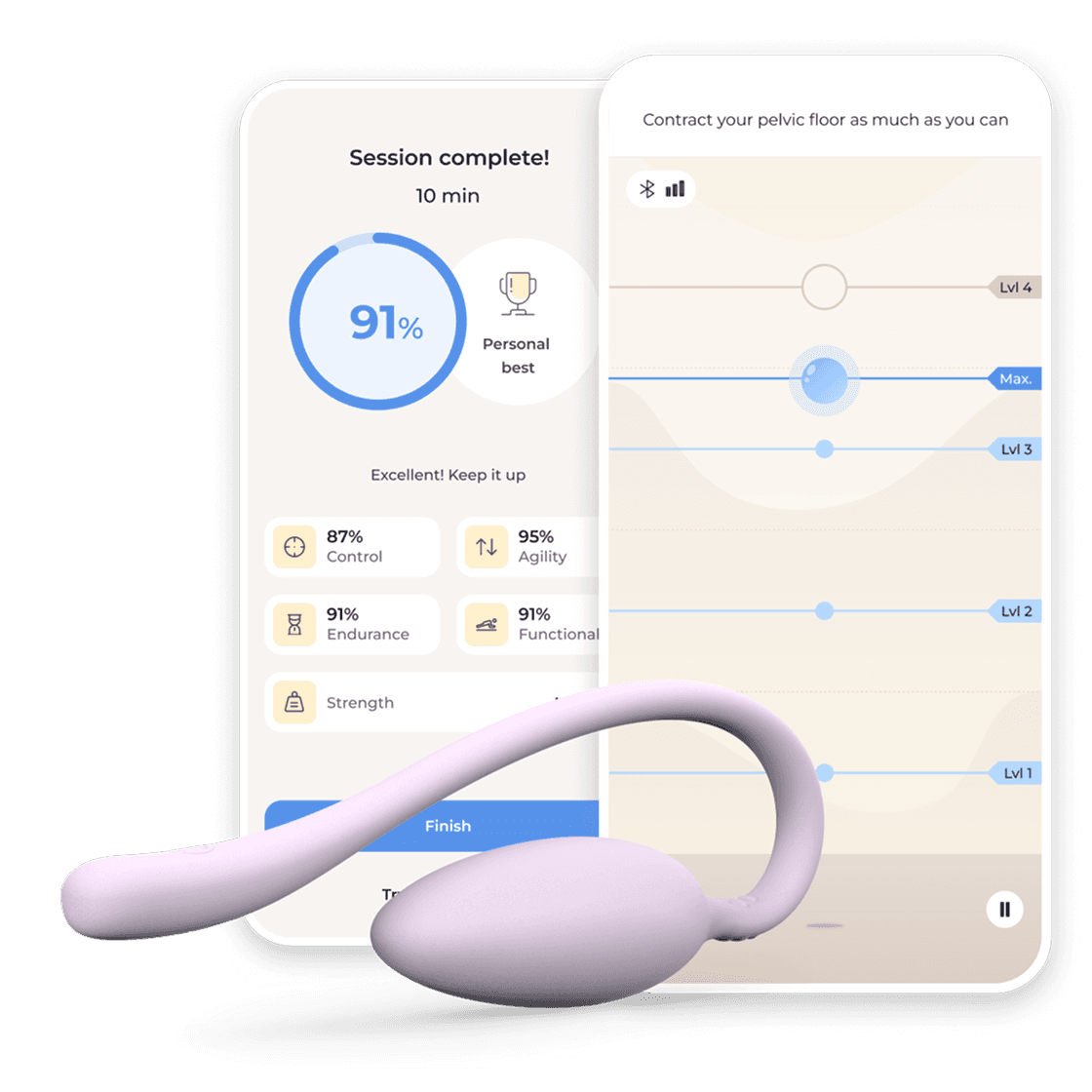 A pelvic health app screen displaying session statistics and progress, alongside a lilac pelvic floor trainer device.