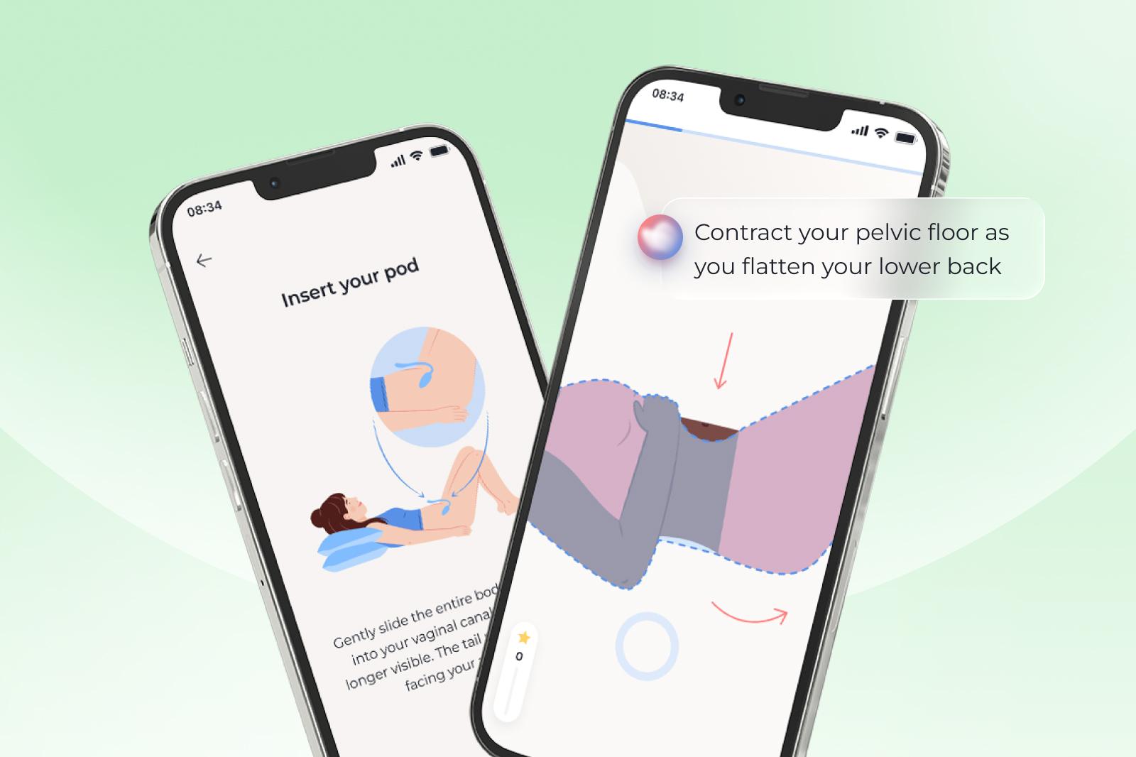 Two smartphones displaying an app with pelvic floor exercise instructions, featuring illustrations and text guidance on a light green background.