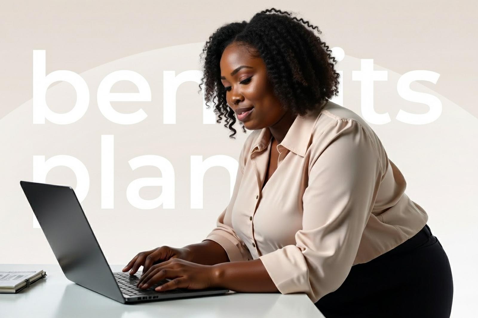 Woman in a beige blouse using a laptop, with the words "benefits plan" in the background.