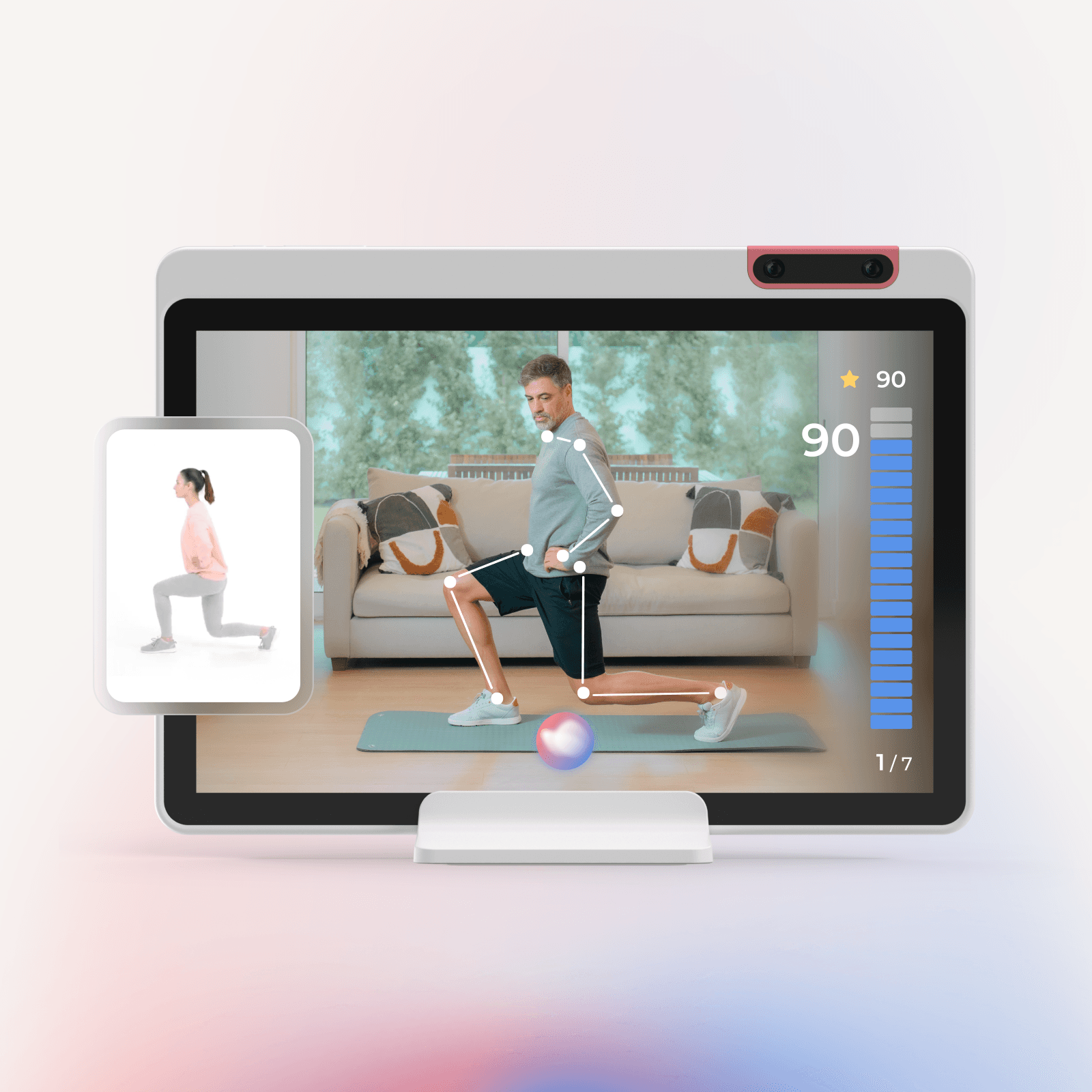 A man performs lunges in front of a screen showing exercise stats and a woman demonstrating the same move.