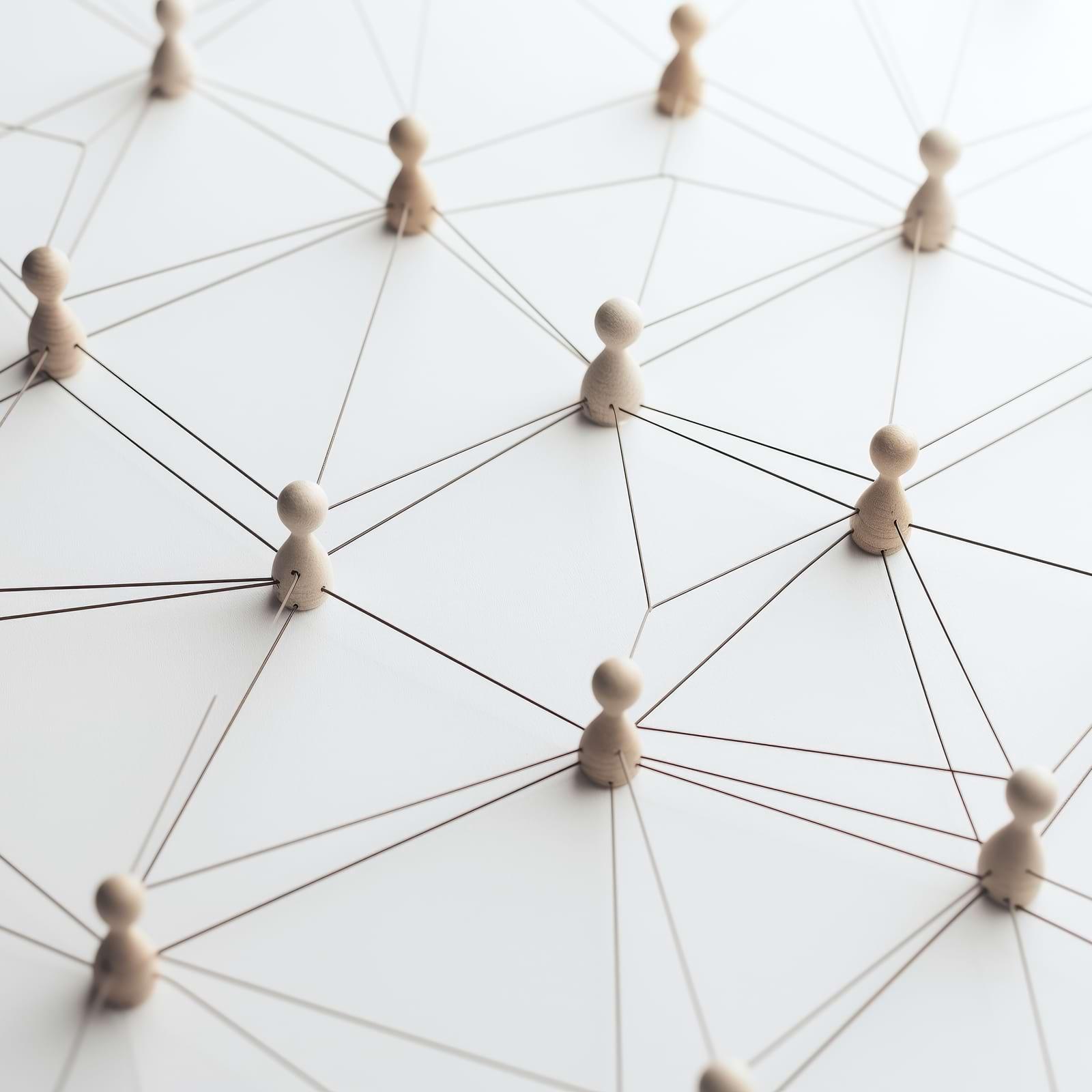 Wooden pegs connected by strings on a white surface, forming a network pattern.