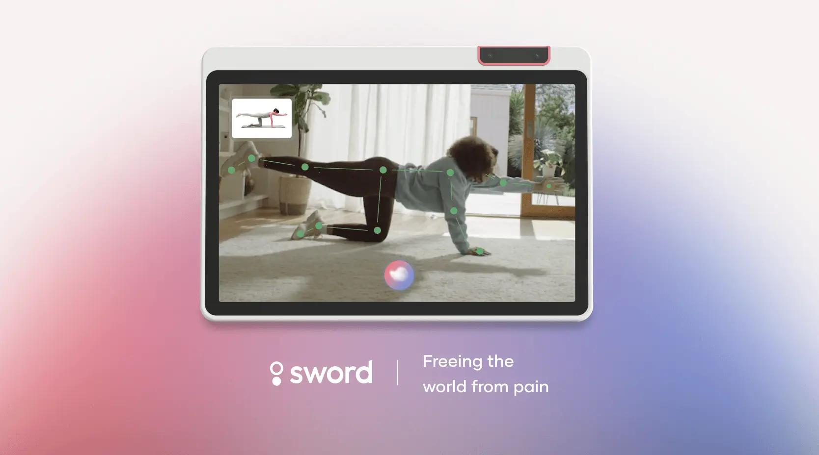 A person doing a yoga pose on a screen with motion tracking dots, featuring Sword Health's logo and tagline: "Freeing the world from pain."