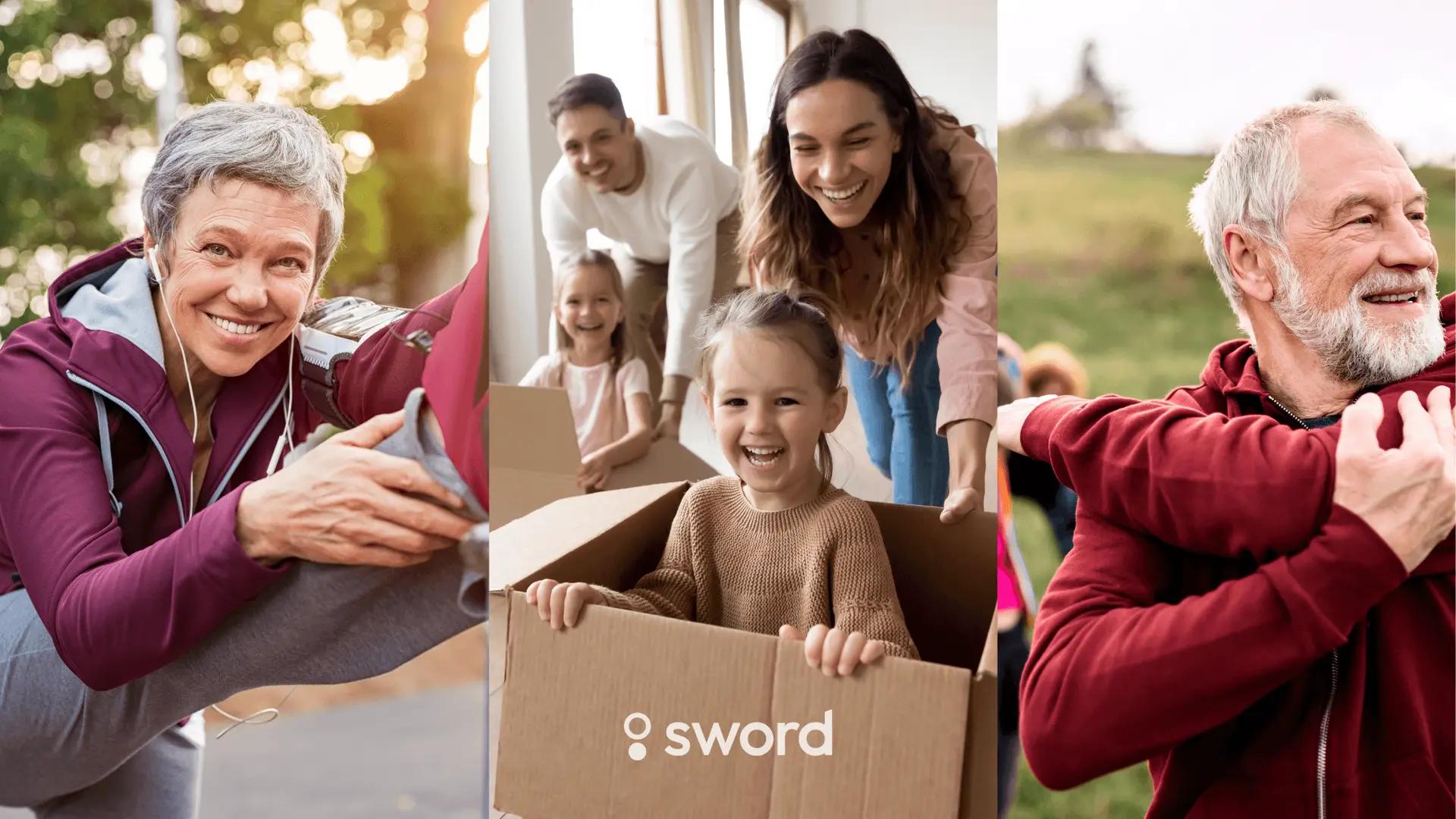 Three images: A woman stretching, a family playing with a cardboard box, and a man stretching outdoors, all smiling. Logo at the bottom.